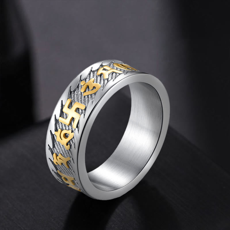 Wear FengShui Six True Words Om Mani Padme Hum Swastika Titanium Steel Peace Ring