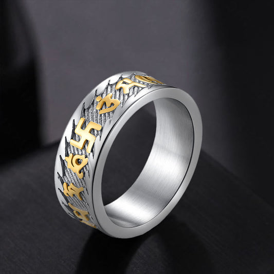 Wear FengShui Six True Words Om Mani Padme Hum Swastika Titanium Steel Peace Ring