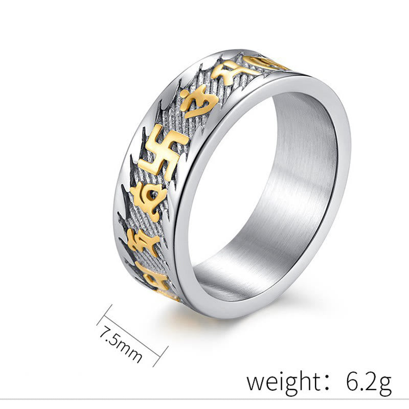 Wear FengShui Six True Words Om Mani Padme Hum Swastika Titanium Steel Peace Ring