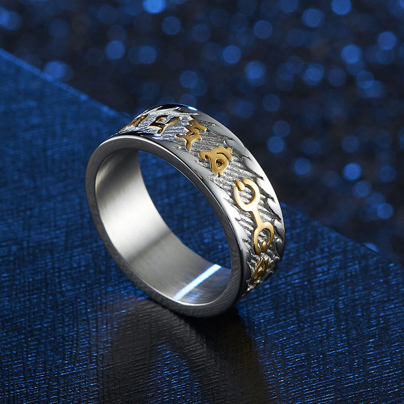 Wear FengShui Six True Words Om Mani Padme Hum Swastika Titanium Steel Peace Ring