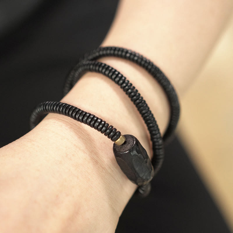 Wear FengShui Ebony Wood Copper Brass Balance Triple Wrap Bracelet