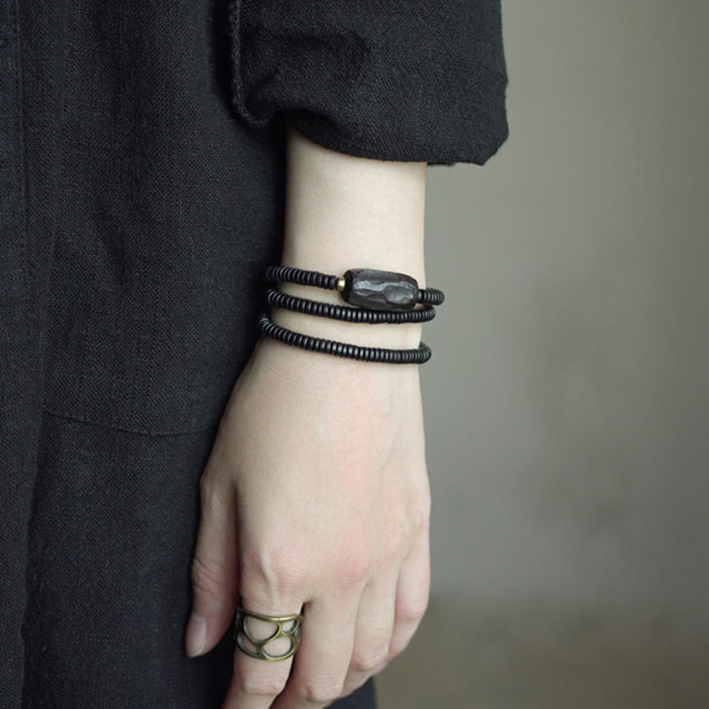 Wear FengShui Ebony Wood Copper Brass Balance Triple Wrap Bracelet