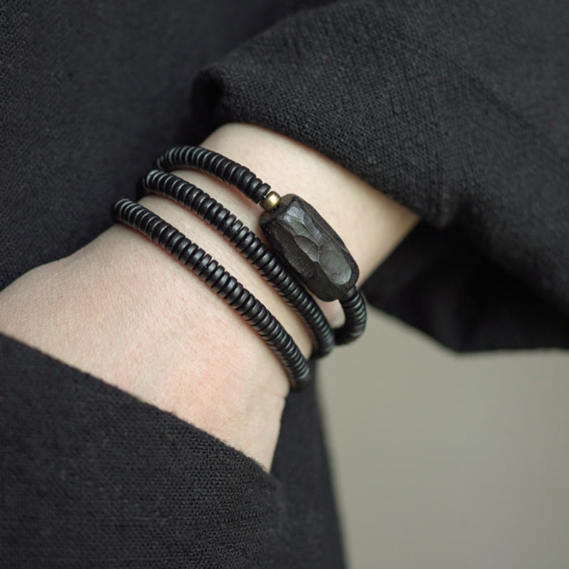 Wear FengShui Ebony Wood Copper Brass Balance Triple Wrap Bracelet