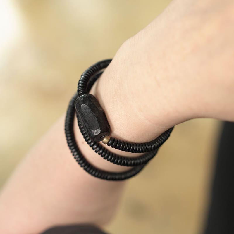 Wear FengShui Ebony Wood Copper Brass Balance Triple Wrap Bracelet