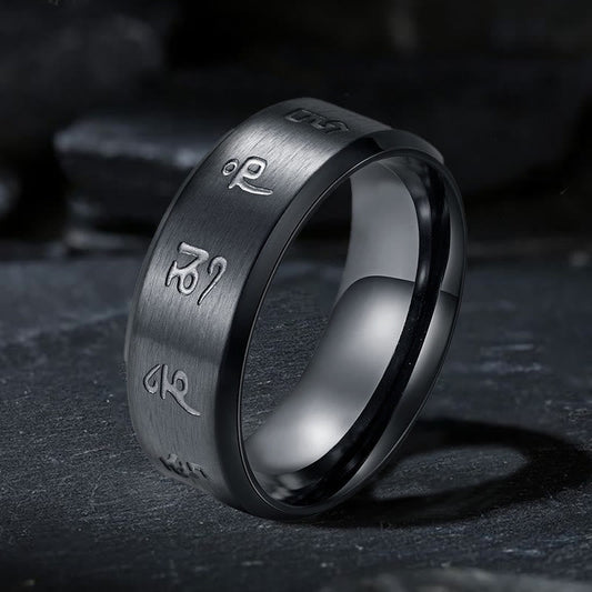 Wear FengShui Black Jambhala Mantra Titanium Steel Balance Ring