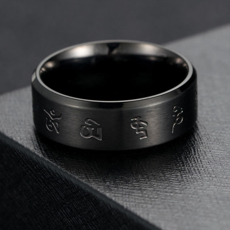 Wear FengShui Black Jambhala Mantra Titanium Steel Balance Ring