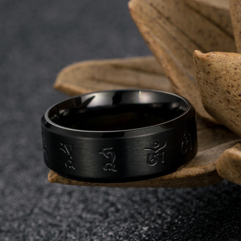Wear FengShui Black Jambhala Mantra Titanium Steel Balance Ring