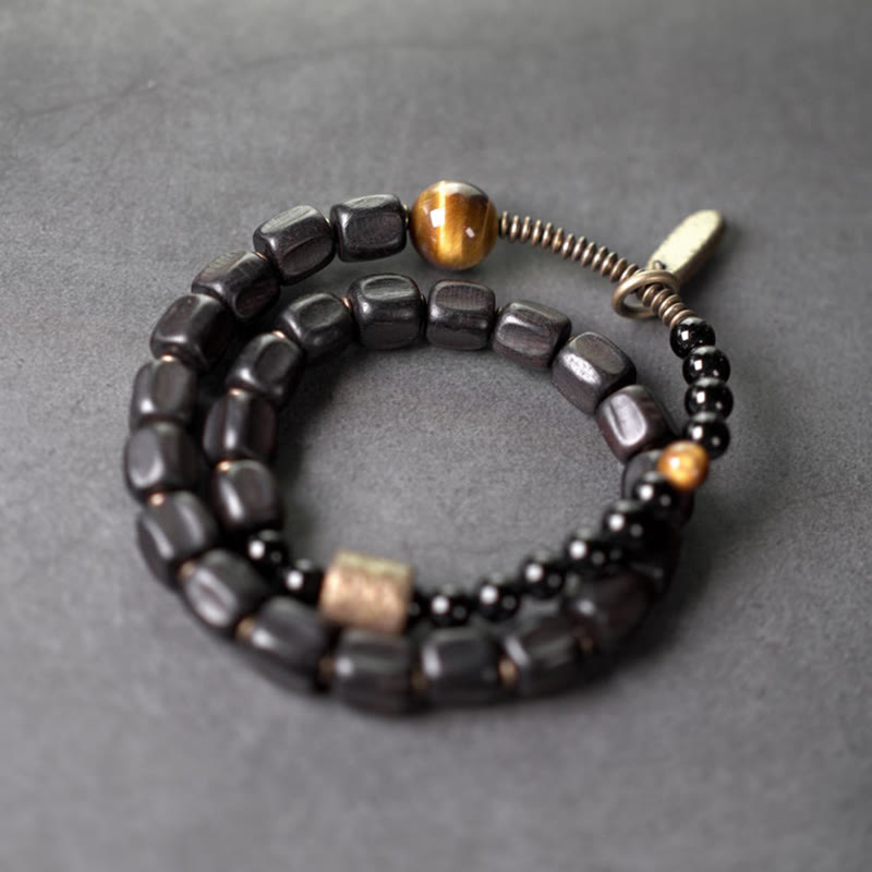 Wear FengShui Ebony Wood Copper Brass Tiger Eye Peace Double Wrap Bracelet