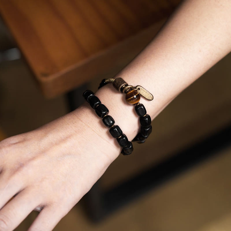 Wear FengShui Ebony Wood Copper Brass Tiger Eye Peace Double Wrap Bracelet