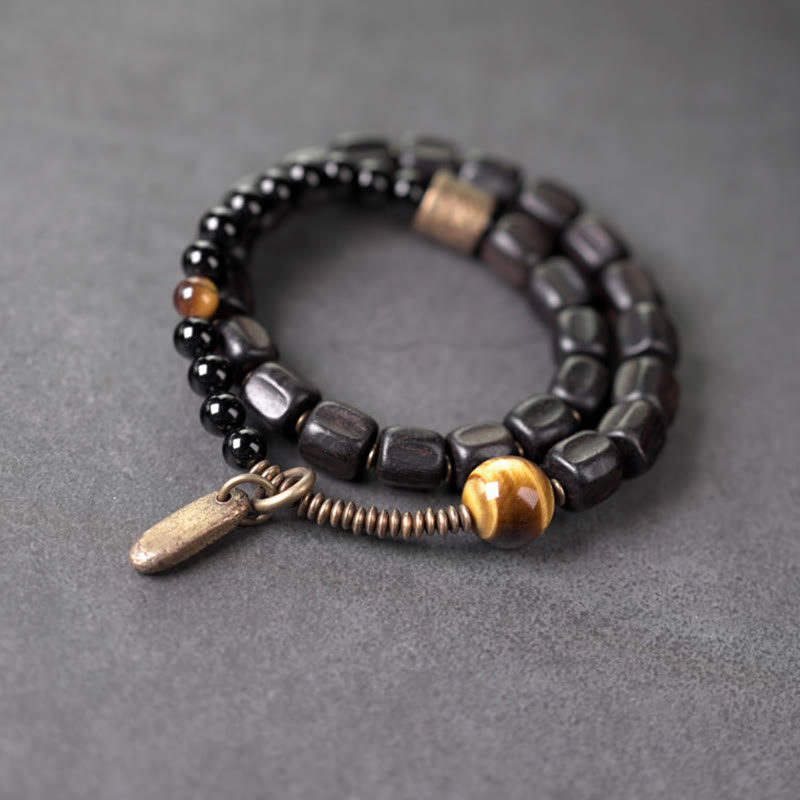 Wear FengShui Ebony Wood Copper Brass Tiger Eye Peace Double Wrap Bracelet
