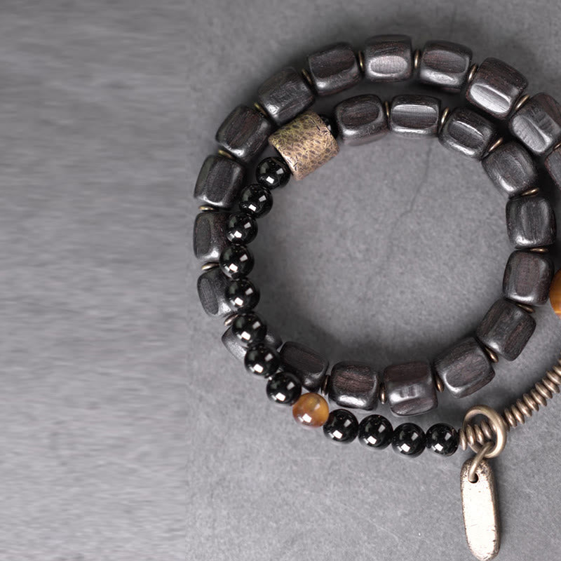 Wear FengShui Ebony Wood Copper Brass Tiger Eye Peace Double Wrap Bracelet