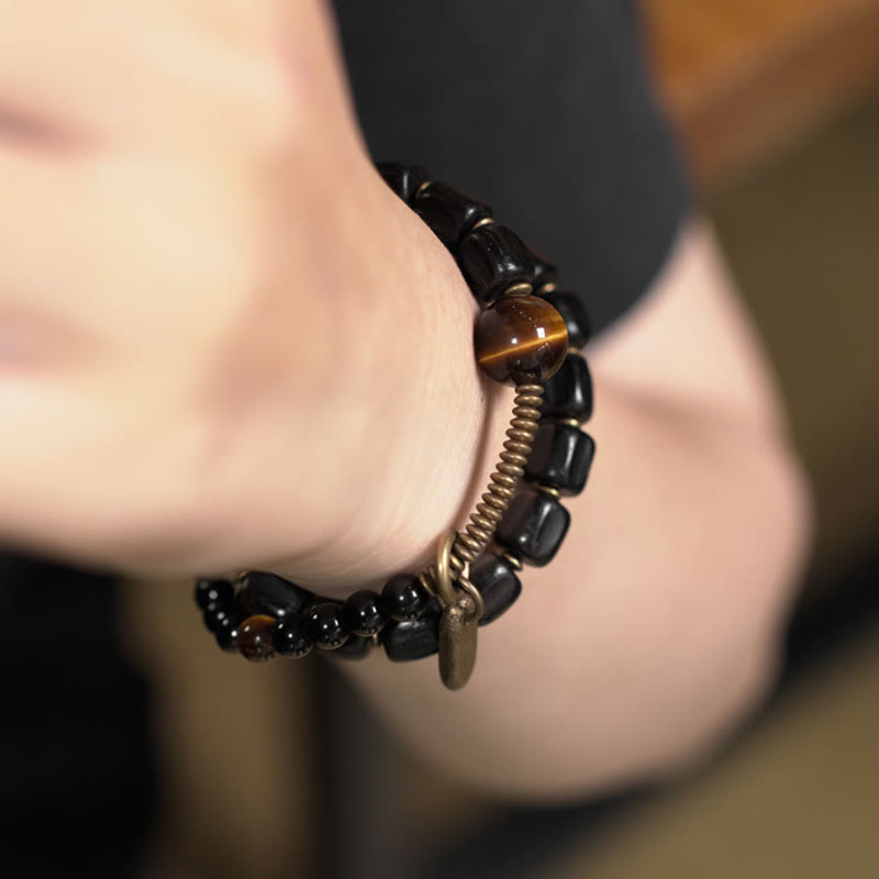 Wear FengShui Ebony Wood Copper Brass Tiger Eye Peace Double Wrap Bracelet