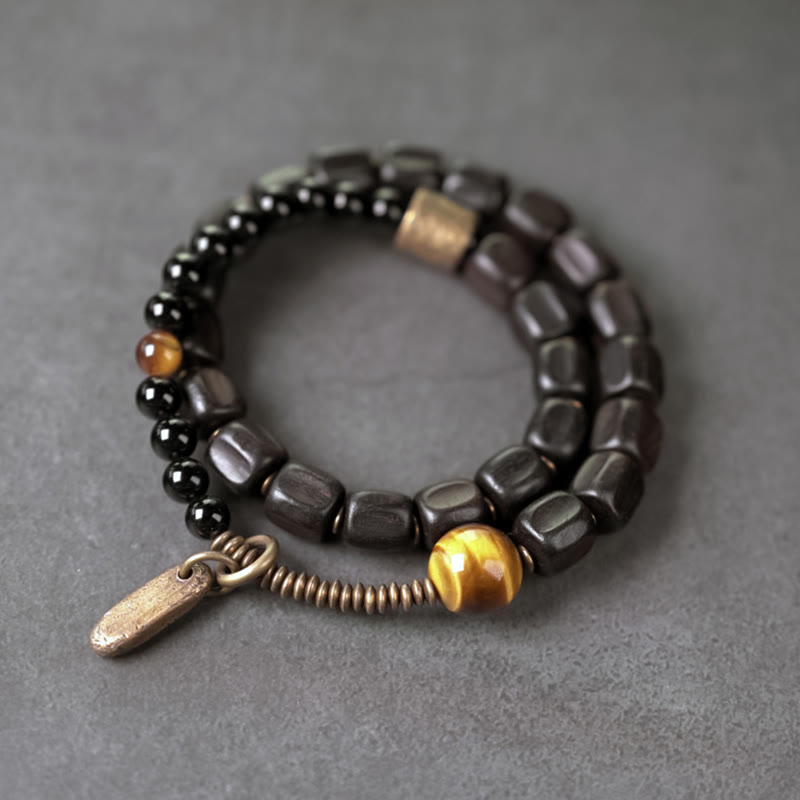 Wear FengShui Ebony Wood Copper Brass Tiger Eye Peace Double Wrap Bracelet