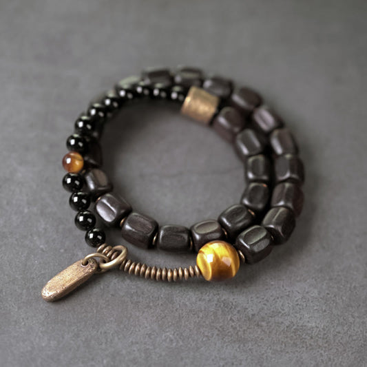 Wear FengShui Ebony Wood Copper Brass Tiger Eye Peace Double Wrap Bracelet