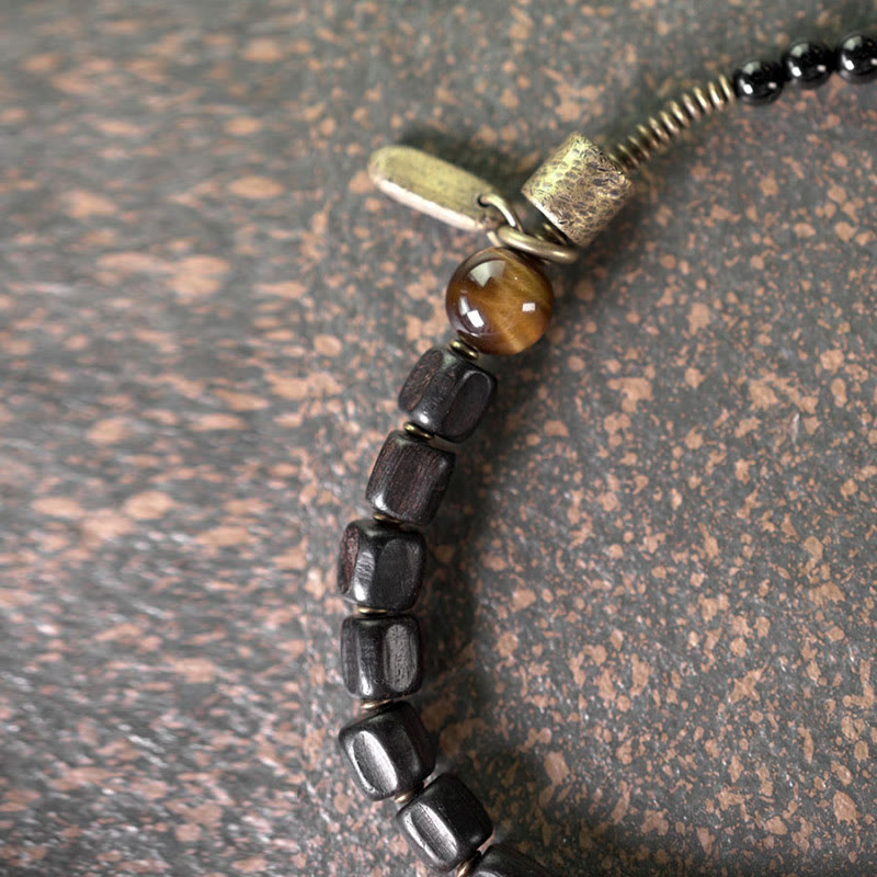 Wear FengShui Ebony Wood Copper Brass Tiger Eye Peace Double Wrap Bracelet