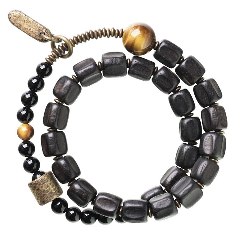 Wear FengShui Ebony Wood Copper Brass Tiger Eye Peace Double Wrap Bracelet