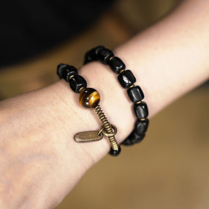 Wear FengShui Ebony Wood Copper Brass Tiger Eye Peace Double Wrap Bracelet