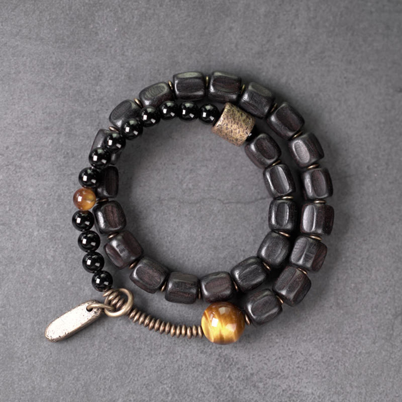 Wear FengShui Ebony Wood Copper Brass Tiger Eye Peace Double Wrap Bracelet