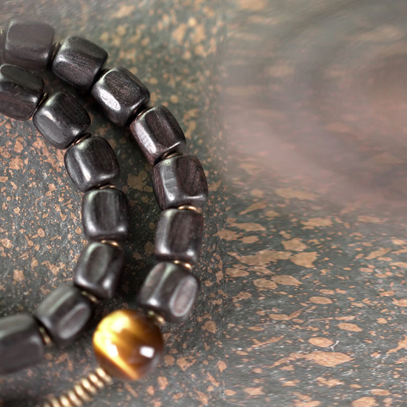 Wear FengShui Ebony Wood Copper Brass Tiger Eye Peace Double Wrap Bracelet