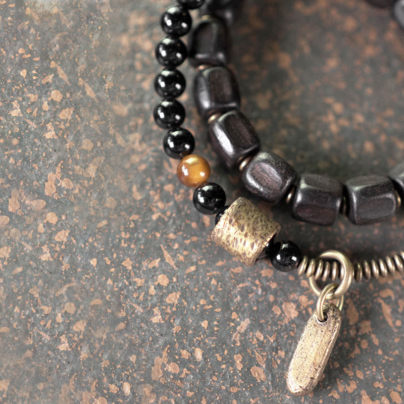 Wear FengShui Ebony Wood Copper Brass Tiger Eye Peace Double Wrap Bracelet