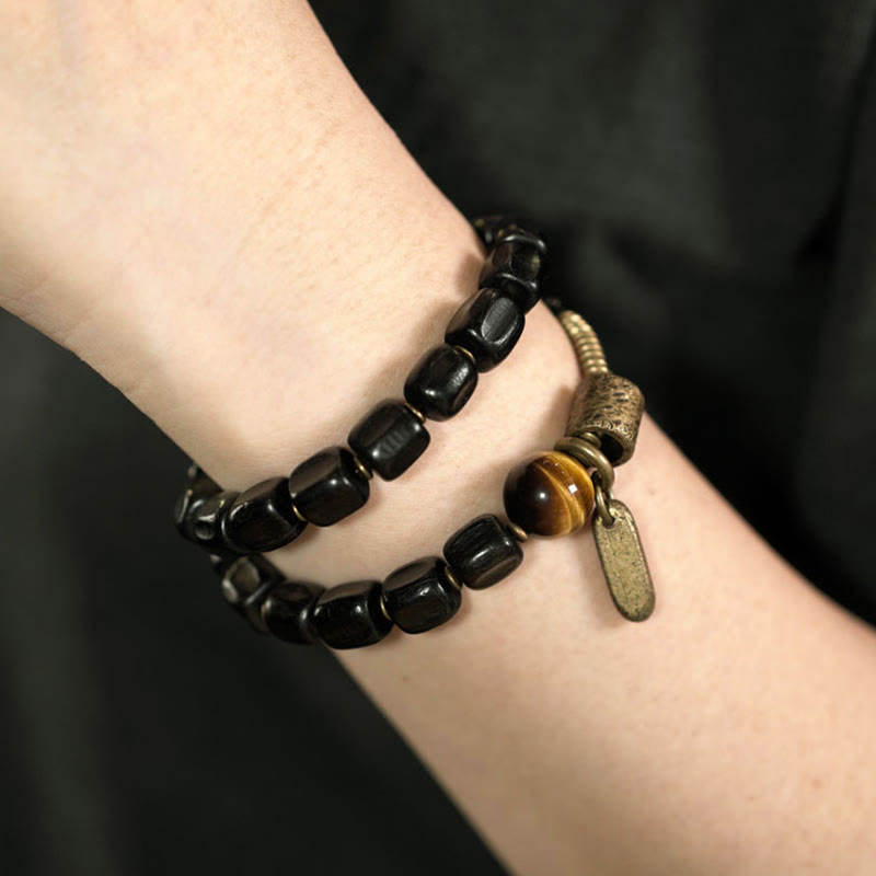 Wear FengShui Ebony Wood Copper Brass Tiger Eye Peace Double Wrap Bracelet