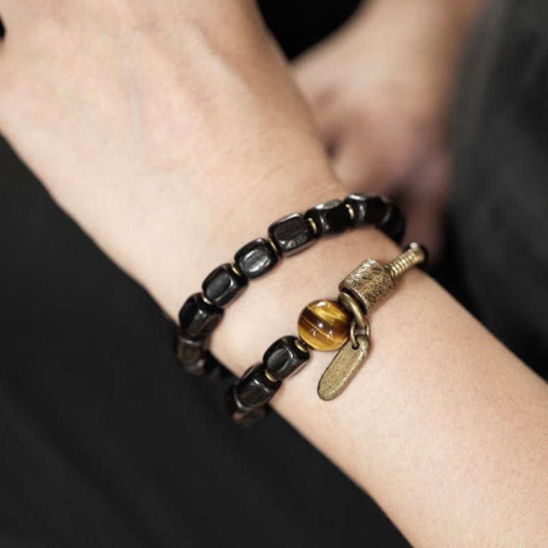 Wear FengShui Ebony Wood Copper Brass Tiger Eye Peace Double Wrap Bracelet