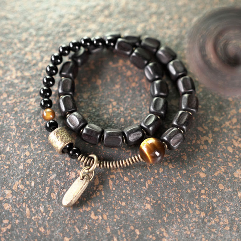 Wear FengShui Ebony Wood Copper Brass Tiger Eye Peace Double Wrap Bracelet