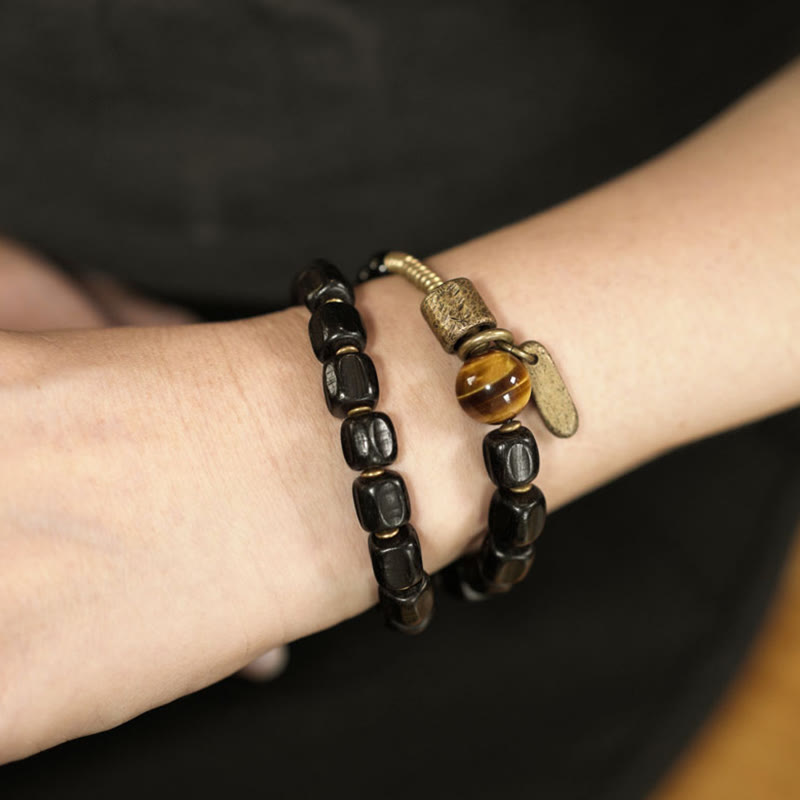 Wear FengShui Ebony Wood Copper Brass Tiger Eye Peace Double Wrap Bracelet