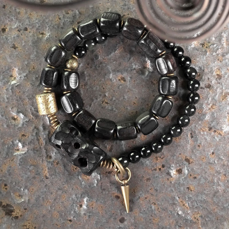 Wear FengShui Ebony Wood Black Obsidian Copper Brass Peace Double Wrap Bracelet