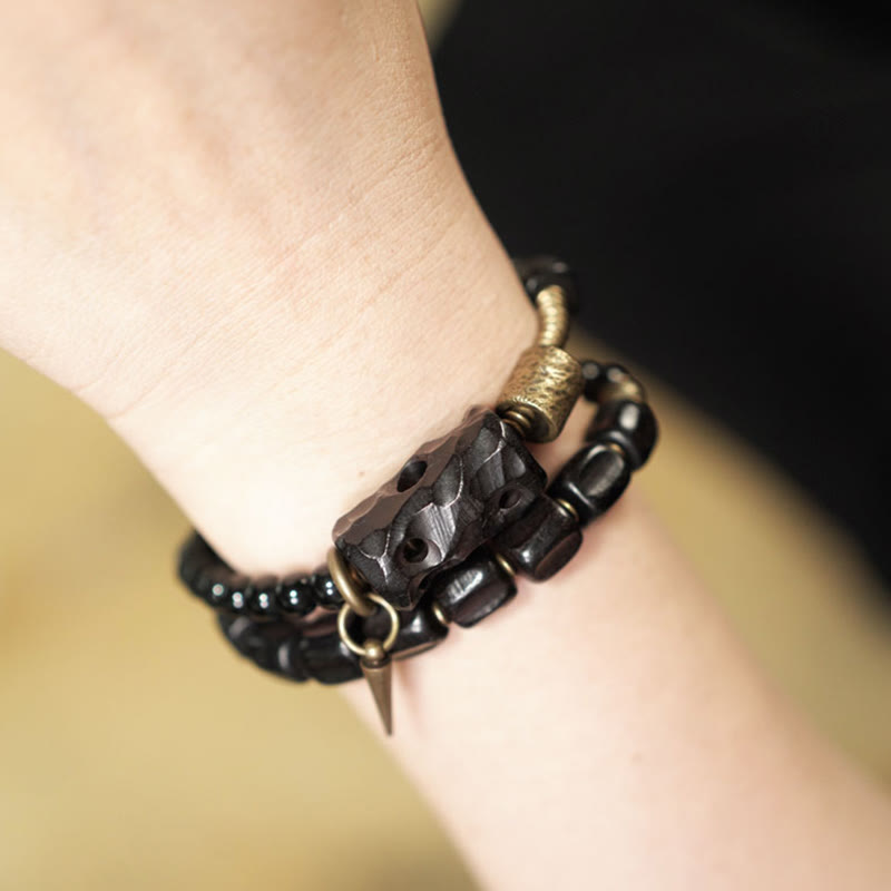 Wear FengShui Ebony Wood Black Obsidian Copper Brass Peace Double Wrap Bracelet