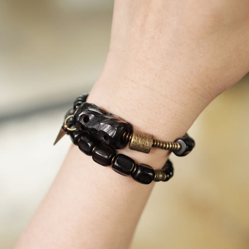 Wear FengShui Ebony Wood Black Obsidian Copper Brass Peace Double Wrap Bracelet
