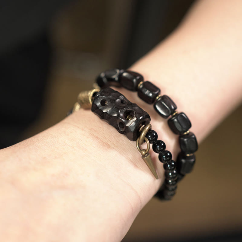 Wear FengShui Ebony Wood Black Obsidian Copper Brass Peace Double Wrap Bracelet