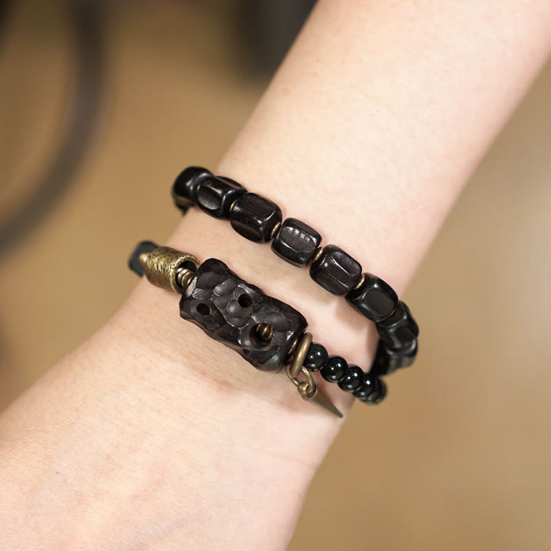 Wear FengShui Ebony Wood Black Obsidian Copper Brass Peace Double Wrap Bracelet