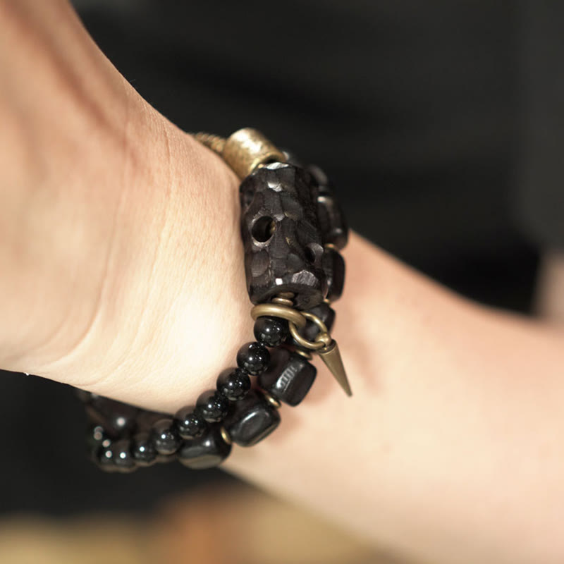 Wear FengShui Ebony Wood Black Obsidian Copper Brass Peace Double Wrap Bracelet