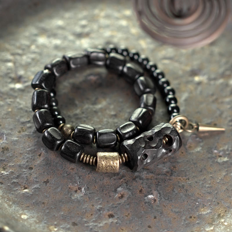 Wear FengShui Ebony Wood Black Obsidian Copper Brass Peace Double Wrap Bracelet