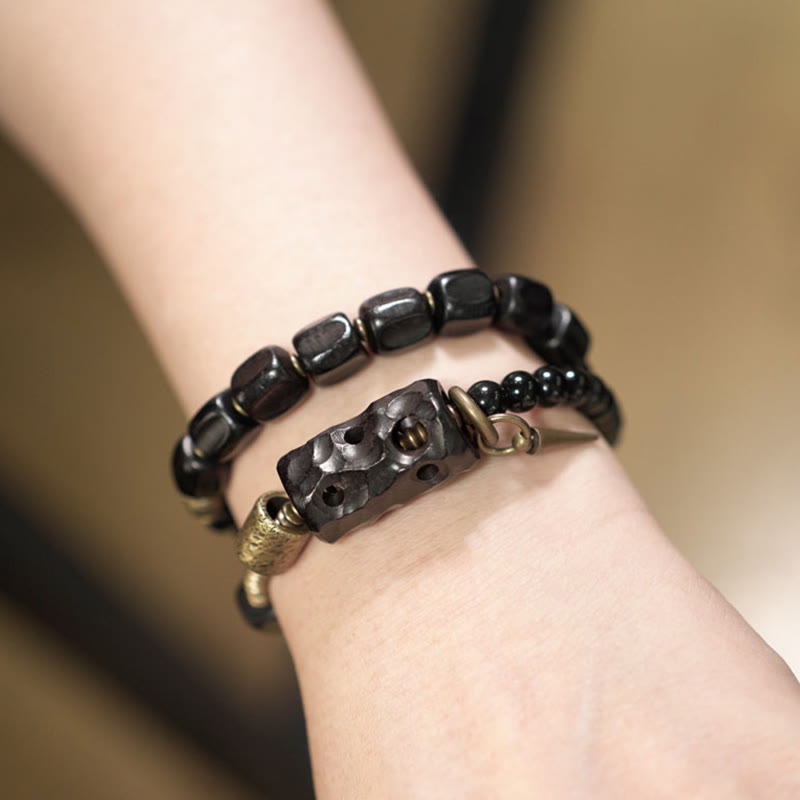 Wear FengShui Ebony Wood Black Obsidian Copper Brass Peace Double Wrap Bracelet