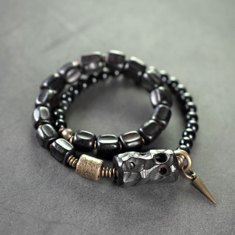 Wear FengShui Ebony Wood Black Obsidian Copper Brass Peace Double Wrap Bracelet
