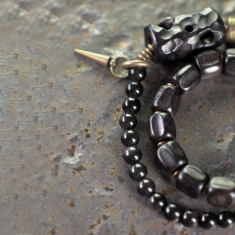 Wear FengShui Ebony Wood Black Obsidian Copper Brass Peace Double Wrap Bracelet
