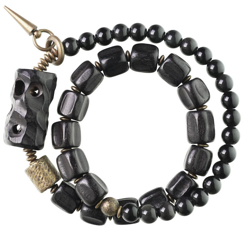Wear FengShui Ebony Wood Black Obsidian Copper Brass Peace Double Wrap Bracelet