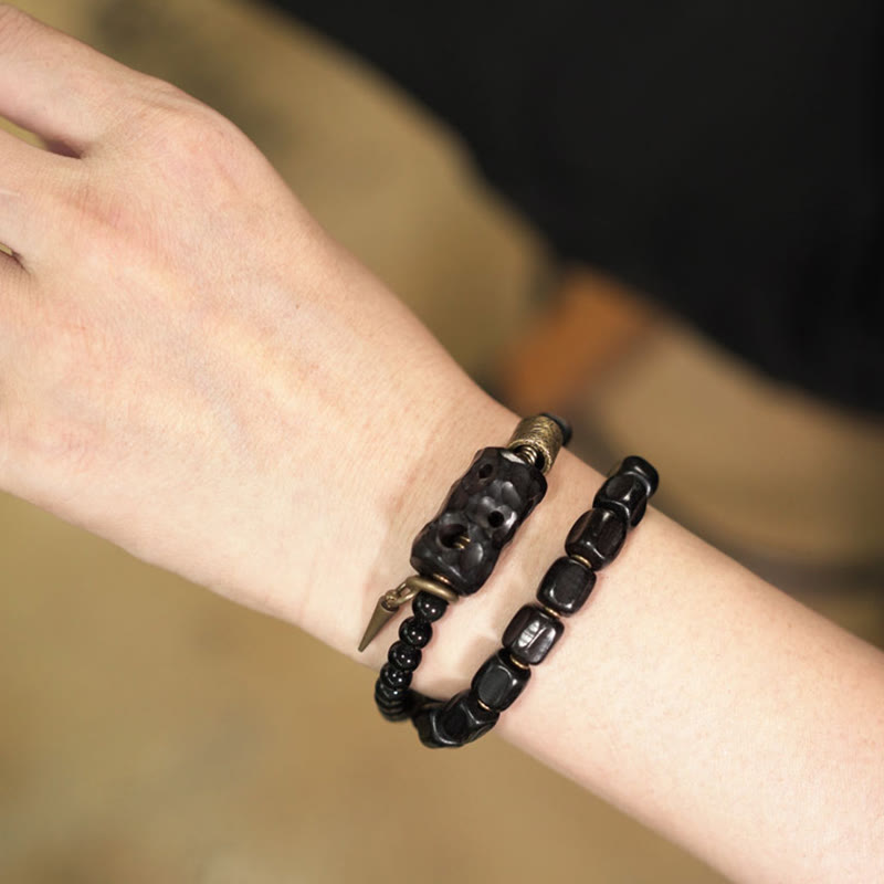 Wear FengShui Ebony Wood Black Obsidian Copper Brass Peace Double Wrap Bracelet