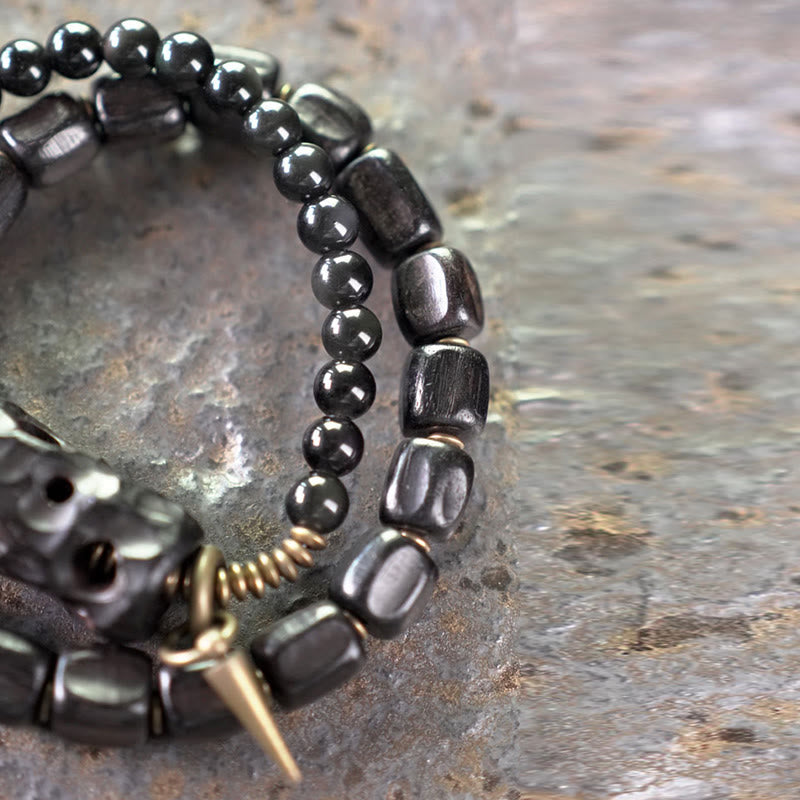 Wear FengShui Ebony Wood Black Obsidian Copper Brass Peace Double Wrap Bracelet