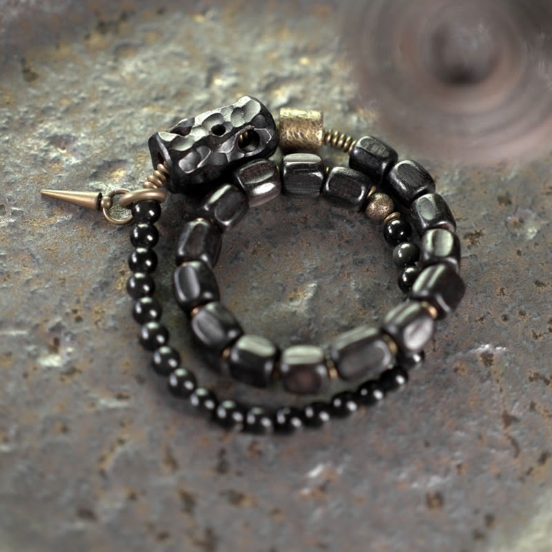 Wear FengShui Ebony Wood Black Obsidian Copper Brass Peace Double Wrap Bracelet