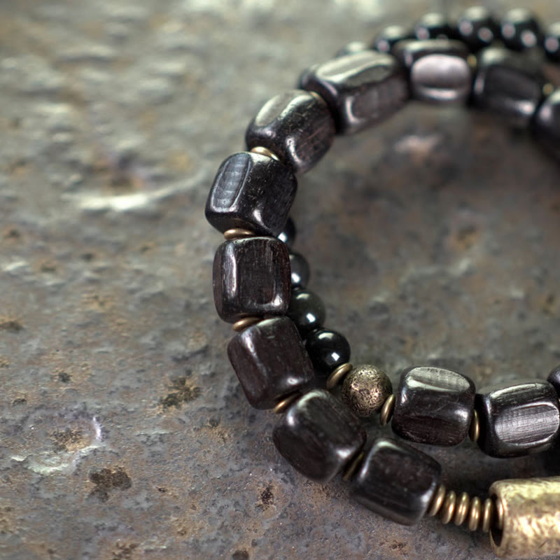 Wear FengShui Ebony Wood Black Obsidian Copper Brass Peace Double Wrap Bracelet
