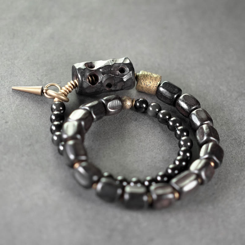 Wear FengShui Ebony Wood Black Obsidian Copper Brass Peace Double Wrap Bracelet