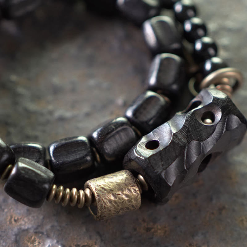 Wear FengShui Ebony Wood Black Obsidian Copper Brass Peace Double Wrap Bracelet