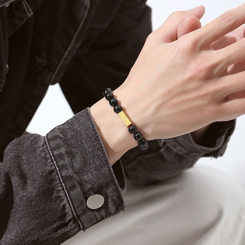 Wear FengShui Black Obsidian 925 Sterling Silver Fu Character Cube Strength Bracelet