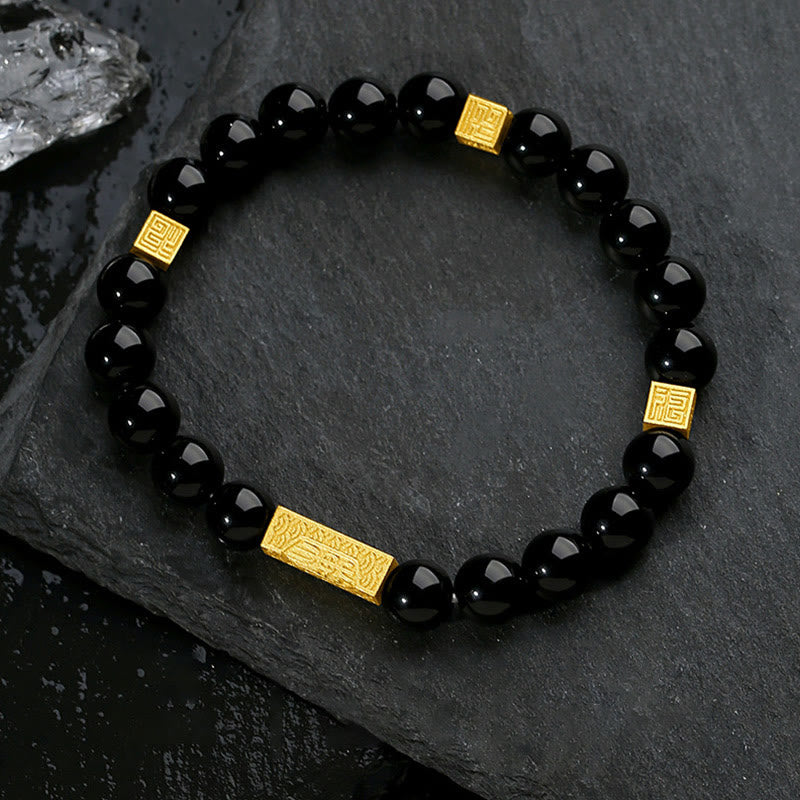 Wear FengShui Black Obsidian 925 Sterling Silver Fu Character Cube Strength Bracelet