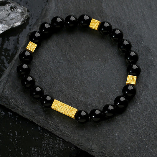 Wear FengShui Black Obsidian 925 Sterling Silver Fu Character Cube Strength Bracelet