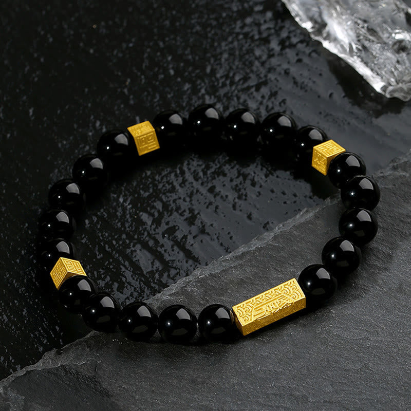 Wear FengShui Black Obsidian 925 Sterling Silver Fu Character Cube Strength Bracelet