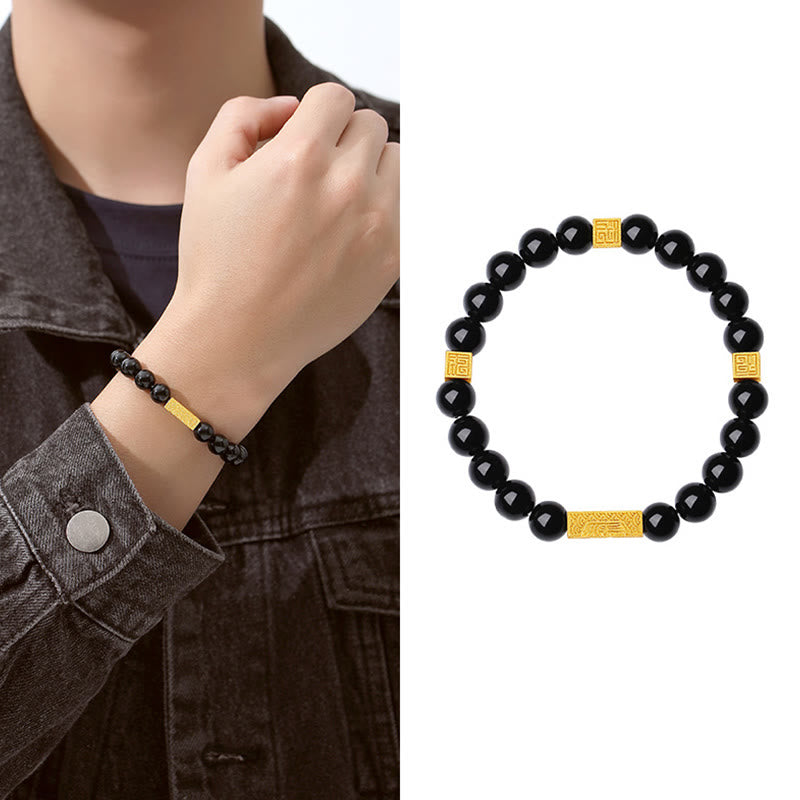 Wear FengShui Black Obsidian 925 Sterling Silver Fu Character Cube Strength Bracelet
